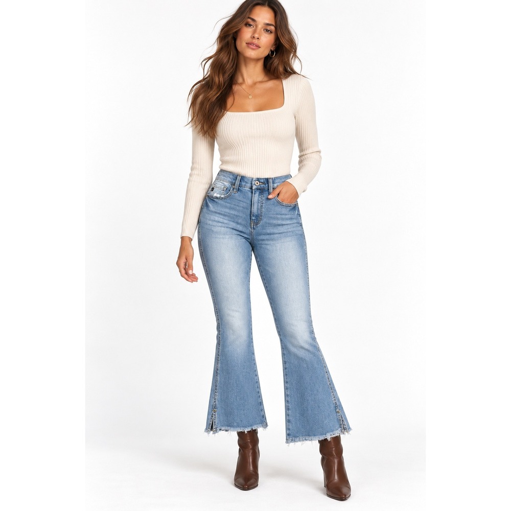 KanCan Collins High Rise Cropped Flare Jeans Indigo Blue Distressed NWT